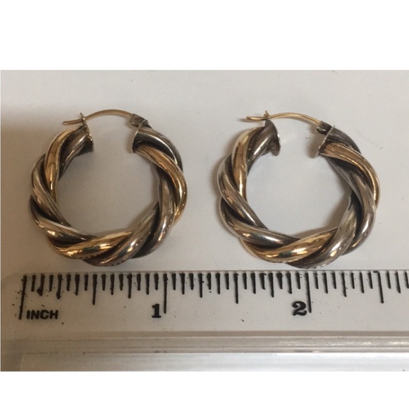 Solid 14K Yellow Gold & 925 Sterling Silver Twisted Rope Cable Hoop Earrings - Picture 12 of 12